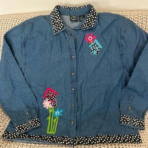 Lighthouse Apparel Birdhouse Applique Denim Shirt XXL Cottagecore